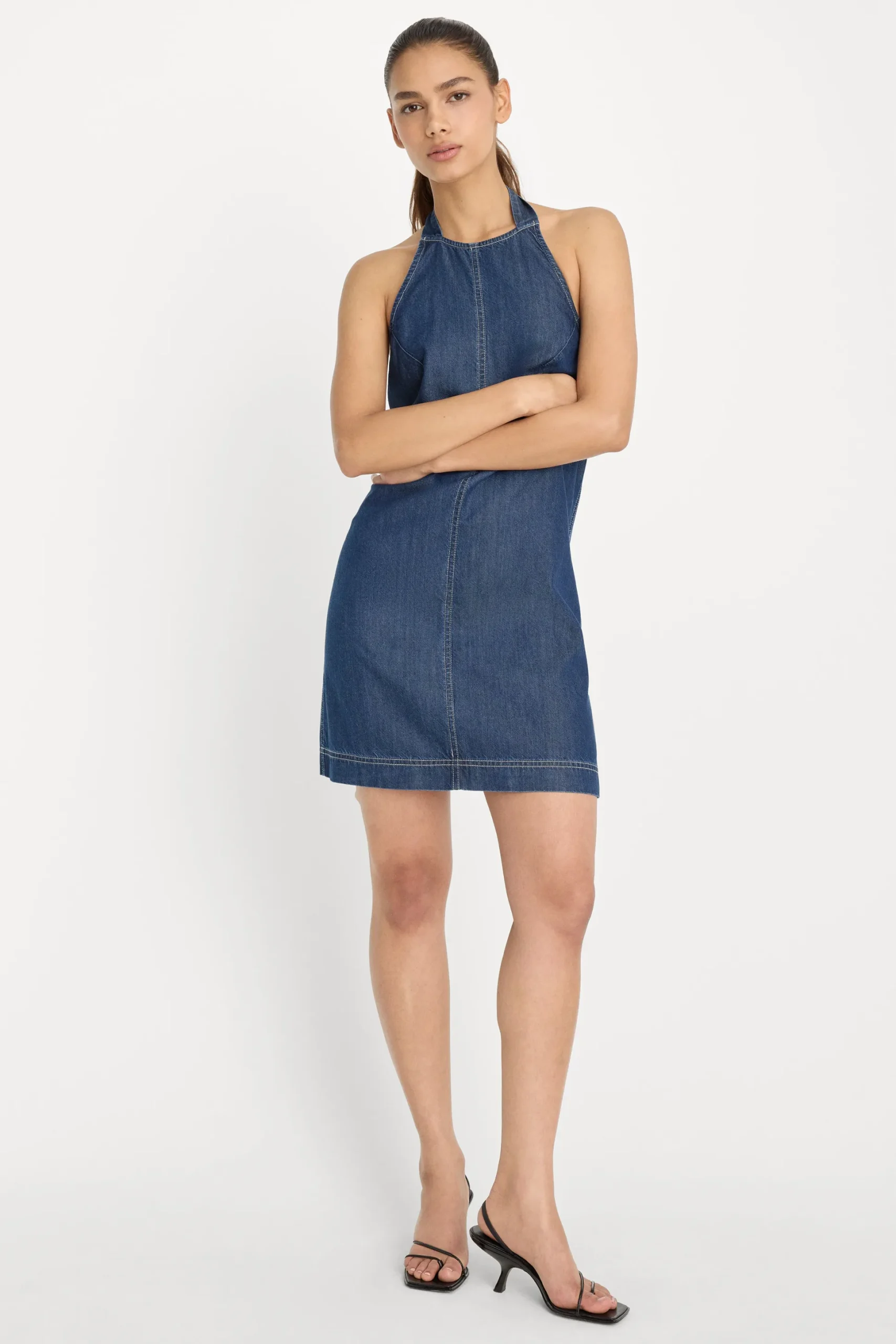 denim halter shift dress
