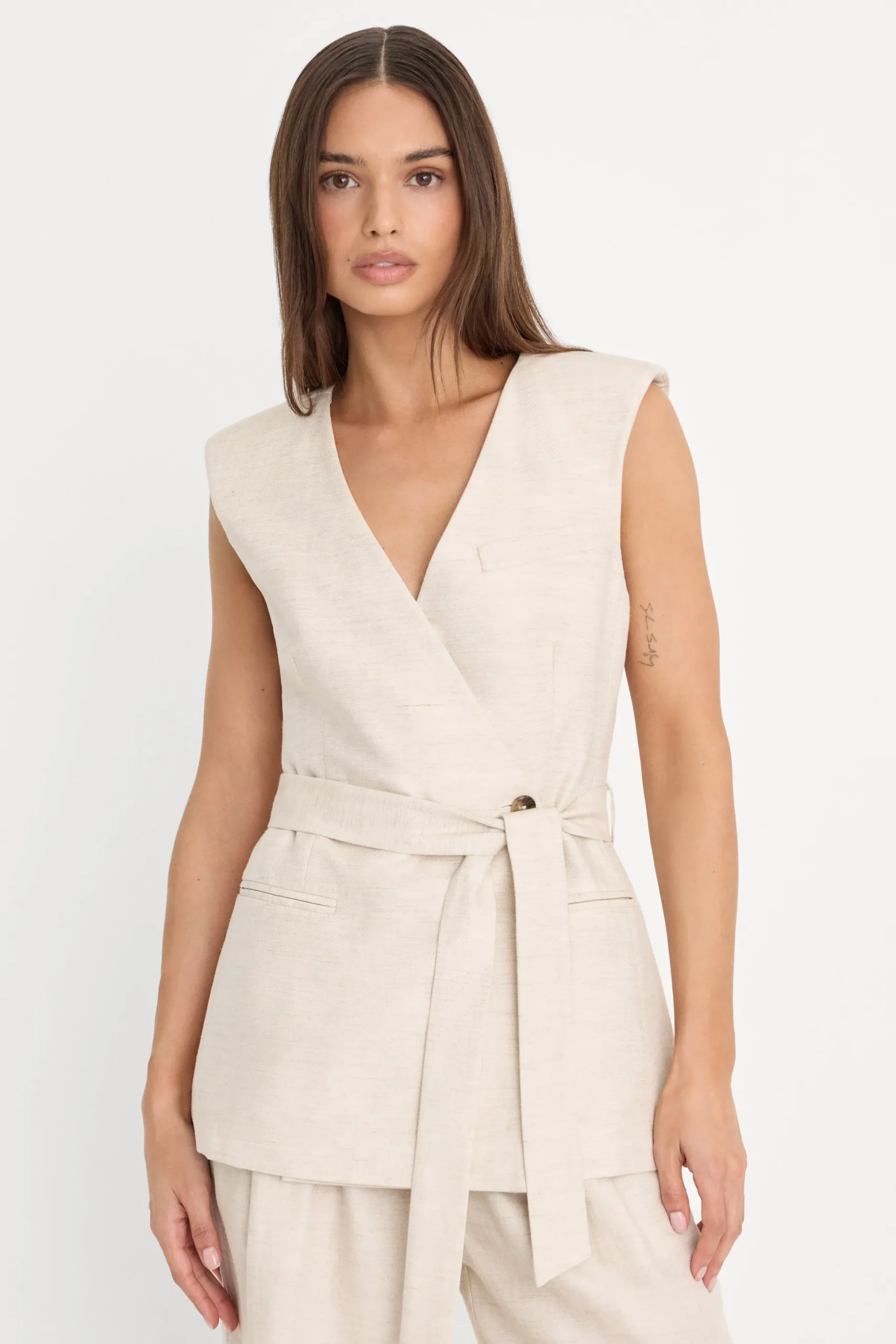 linen sleeveless belted vest