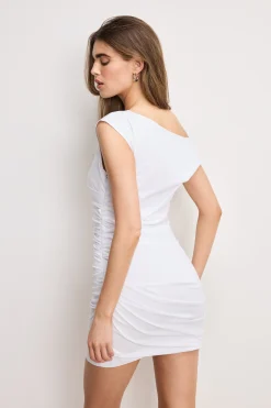 poplin ruched off the shoulder mini dress