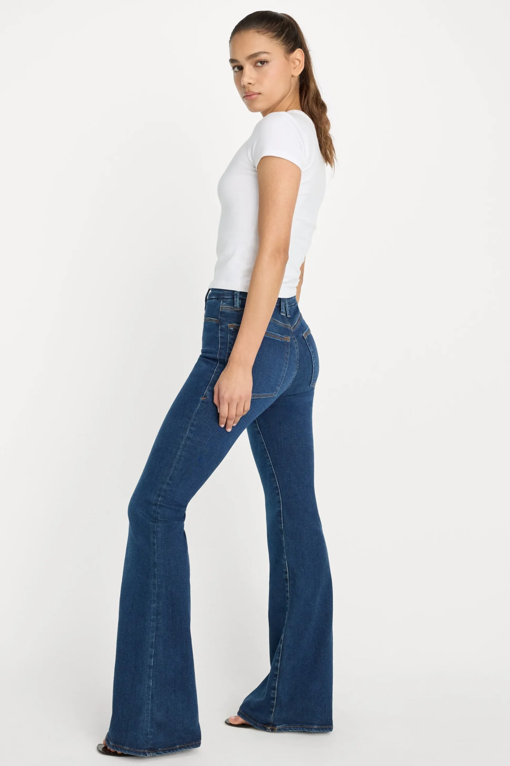 power stretch pull-on flare jeans