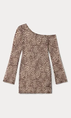 print mesh asymmetric long sleeve mini dress
