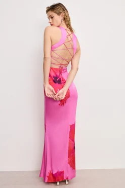 satin lace up maxi dress