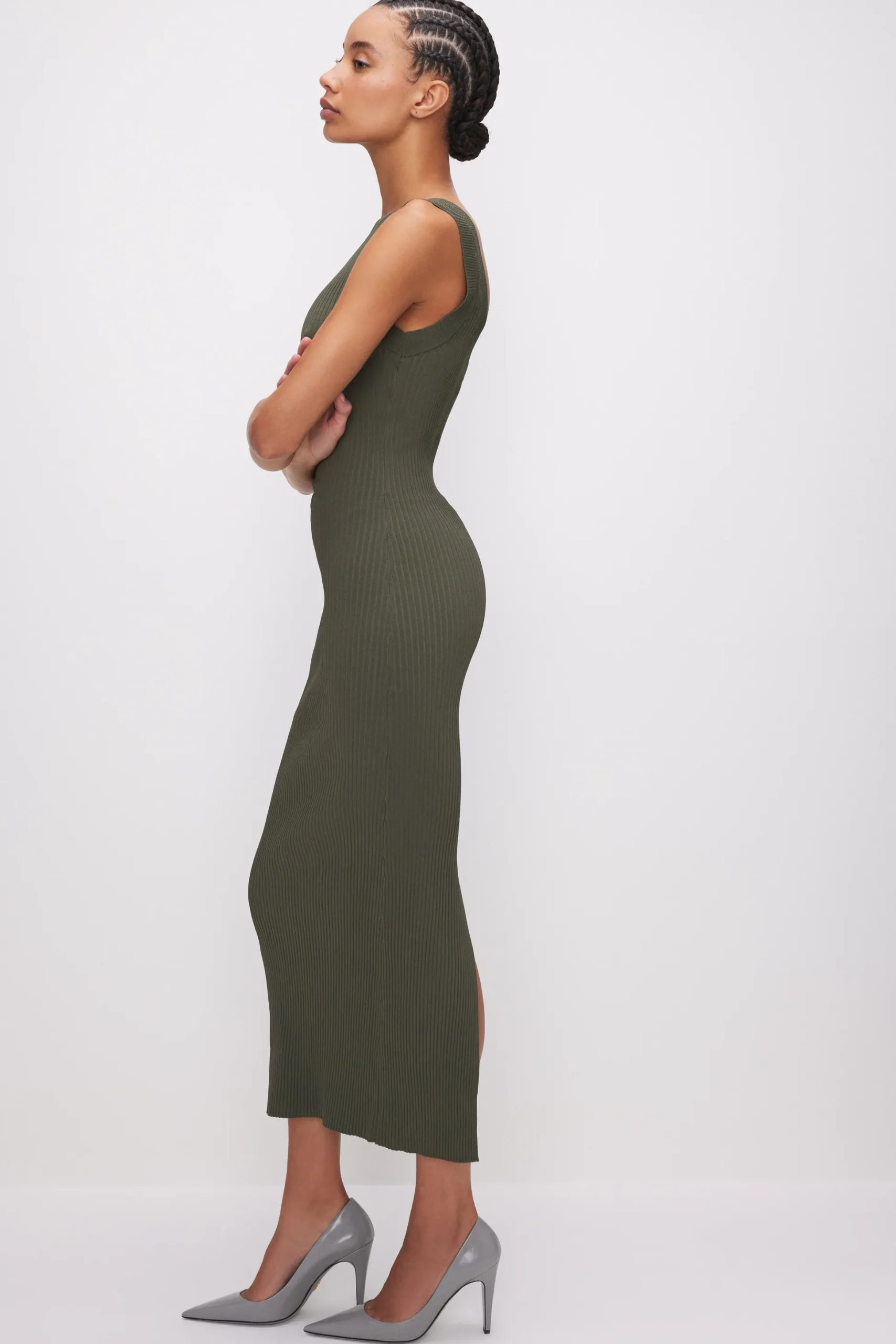 stretch rib scoop back midi dress
